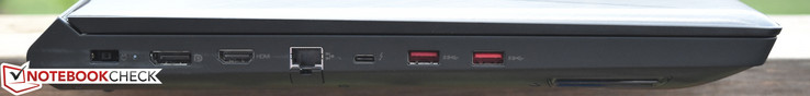 lewy bok: gniazdo zasilania, DisplayPort, HDMI, LAN, Thunderbolt 3, 2 USB 3.0