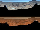 Zdjęcie wykonane przez łazik Perseverance. Górny obraz jest ulepszony, podczas gdy dolny obraz ma oryginalne kolory (źródło obrazu: NASA, JPL-Caltech, ASU i MSSS; edytowane)