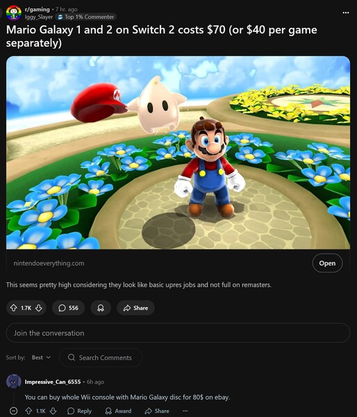 Debata na temat cen Super Mario Galaxy i Super Mario Galaxy 2 Switch (źródło obrazu: zrzut ekranu, Iggy_Slayer@Gaming subreddit)