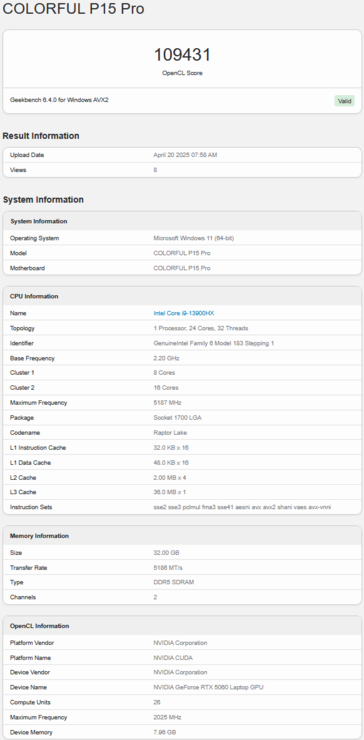 Wynik Geekbench OpenCL laptopa RTX 5060 (źródło obrazu: Geekbench)