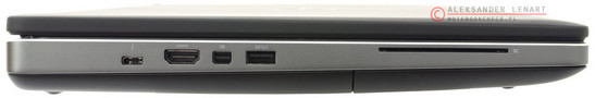 lewy bok: Thunderbolt 3, HDMI, mini DisplayPort, USB 3.0 power, czytnik kart inteligentnych