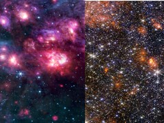 Kolaż obrazów MIRI i NIRCam Sagittarius B2 (źródło obrazu: kilka - patrz źródła; edytowane)
