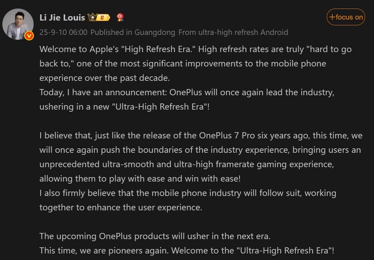 Post Li Jie o nadchodzącym telefonie OnePlus (źródło obrazu: Weibo - tłumaczenie maszynowe)