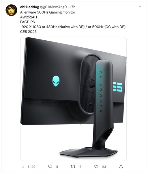 Alienware 500 Hz monitor rumor. (Źródło obrazu: @g01d3nm4ng0)