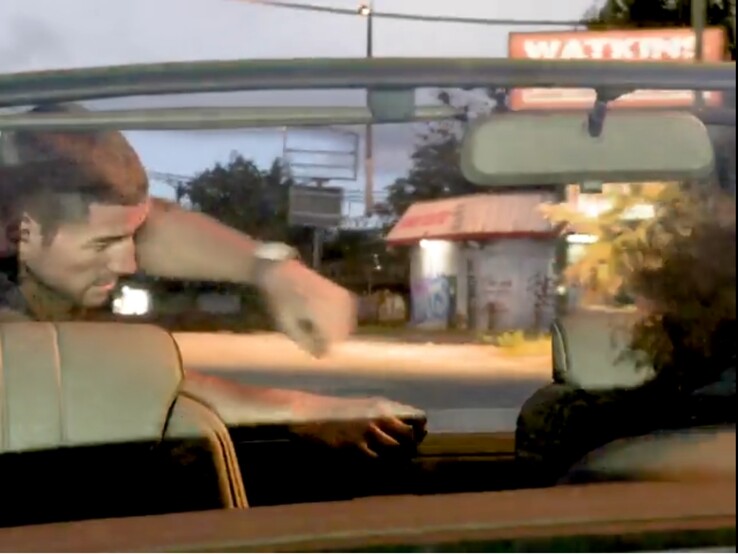 Na tym zrzucie ekranu z drugiego zwiastuna GTA 6 lampa uliczna w tle wydaje się unosić w powietrzu. 