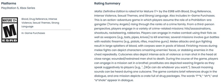 Klasyfikacja ESRB dla gry „Mafia Definitive Edition” w wersji na PS5 i Xbox Series X | S.