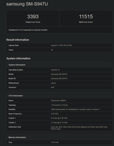 Wynik Snapdragon 8 Elite 2 w Geekbench (źródło obrazu: Geekbench)