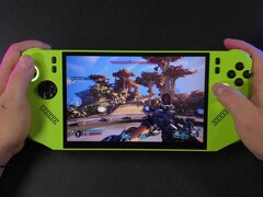 Rozgrywka Borderlands 4 uruchomiona na handheldzie MSI Claw 8 AI napędzanym przez AMD Ryzen Z2 Extreme, pokazująca widok z pierwszej osoby z karabinem wycelowanym w środowisko zewnętrzne (źródło obrazu: ETA PRIME via YouTube)