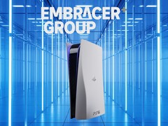 Logo Embracer Group nad konsolą PlayStation