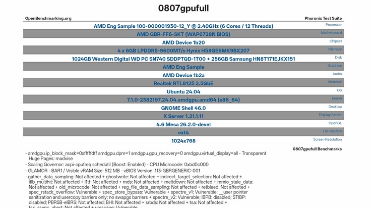 Specyfikacja systemu testowego AMD Gainsborough zamieszczona w serwisie OpenBenchmarking
