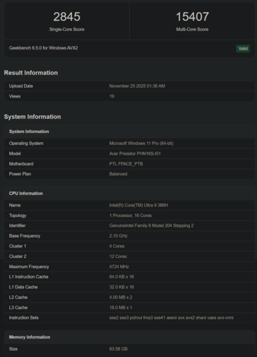 Zestawienie Geekbench Intel Core Ultra 9 368H (źródło obrazu: Geekbench)