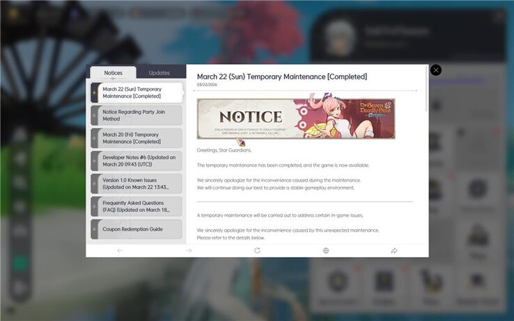 22 marca w grze pojawiło się powiadomienie potwierdzające poprawkę dźwięku i inne poprawki błędów w The Seven Deadly Sins: Origin.