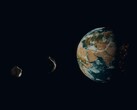 Ilustracja artysty przedstawiająca dwie asteroidy w pobliżu Ziemi.