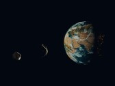 Ilustracja artysty przedstawiająca dwie asteroidy w pobliżu Ziemi.