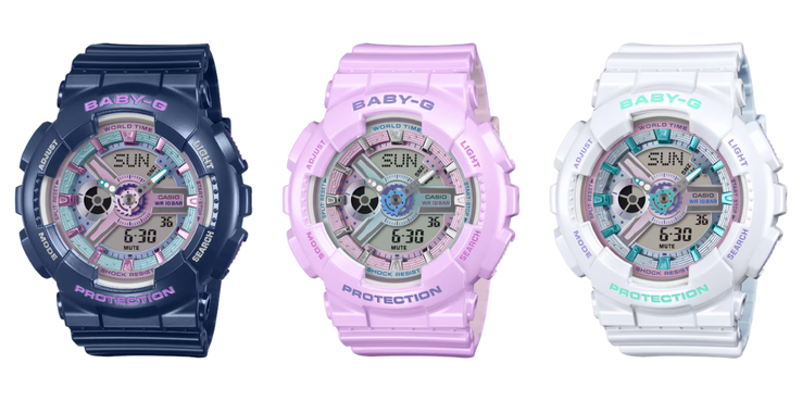 Od lewej do prawej: zegarki Casio G-Shock Baby-G BA-110MC-2A, BA-110MC-6A i BA-110MC-7A