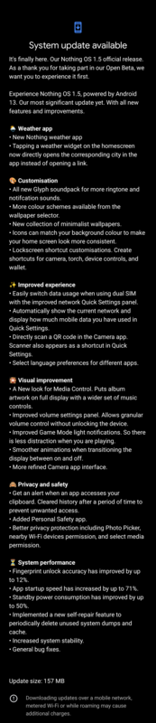 Changelog aktualizacji Nothing OS 1.5 (image via Reddit)