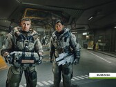 Dwie postacie z gry „Starfield” w futurystycznym obiekcie z włączoną technologią Nvidia DLSS 5
