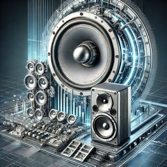 Futurystyczna ilustracja łącząca tradycyjne głośniki i systemy ukierunkowanej energii akustycznej (źródło obrazu: OpenAI/DALL-E)