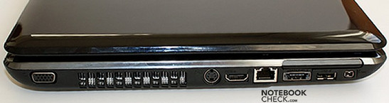 lewy bok: VGA, wylot wentylatora, S-Video, HDMI, LAN, ExpressCard, eSATA/USB, USB, FireWire