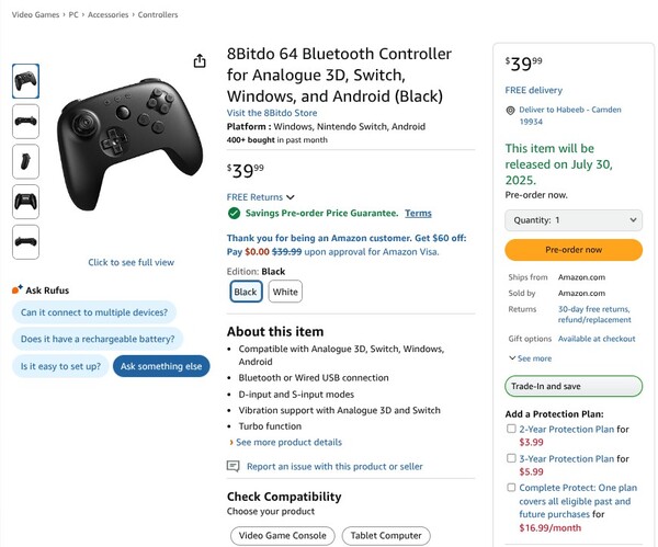 Kontroler 8BitDo 64 ma teraz datę premiery zaplanowaną na lipiec. (Źródło obrazu: Amazon)