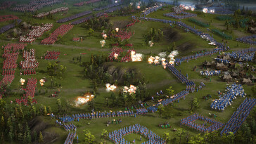 Ilustracja przedstawiająca bitwę i liczne jednostki w grze „Cossacks 3”.