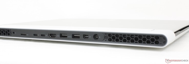 Tył: zestaw słuchawkowy 3,5 mm, 1x USB-C z Thunderbolt 4 + USB4 + PD + DisplayPort 1.4, 1x USB-C 3.2 Gen. 2 z PD + DisplayPort 1.4, HDMI 2.1, 2x USB-A 3.2 Gen. 1, Mini DisplayPort 1.4, zasilacz sieciowy