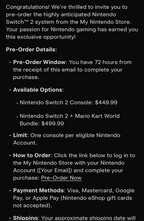 E-mail z zamówieniem przedpremierowym Nintendo Switch 2 (źródło obrazu: konto Wario64 X)