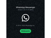 Ekran powitalny z zajętym zielonym tłem i logo WhatsApp z numerem najnowszej wersji beta. (Źródło obrazu: @WABetaInfo na X)