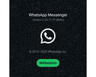 Ekran powitalny z zajętym zielonym tłem i logo WhatsApp z numerem najnowszej wersji beta. (Źródło obrazu: @WABetaInfo na X)