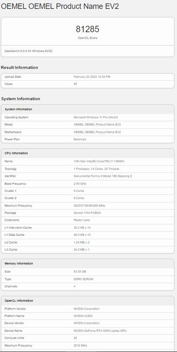 Z układem graficznym RTX 4060 w laptopie. (Źródło: Geekbench)