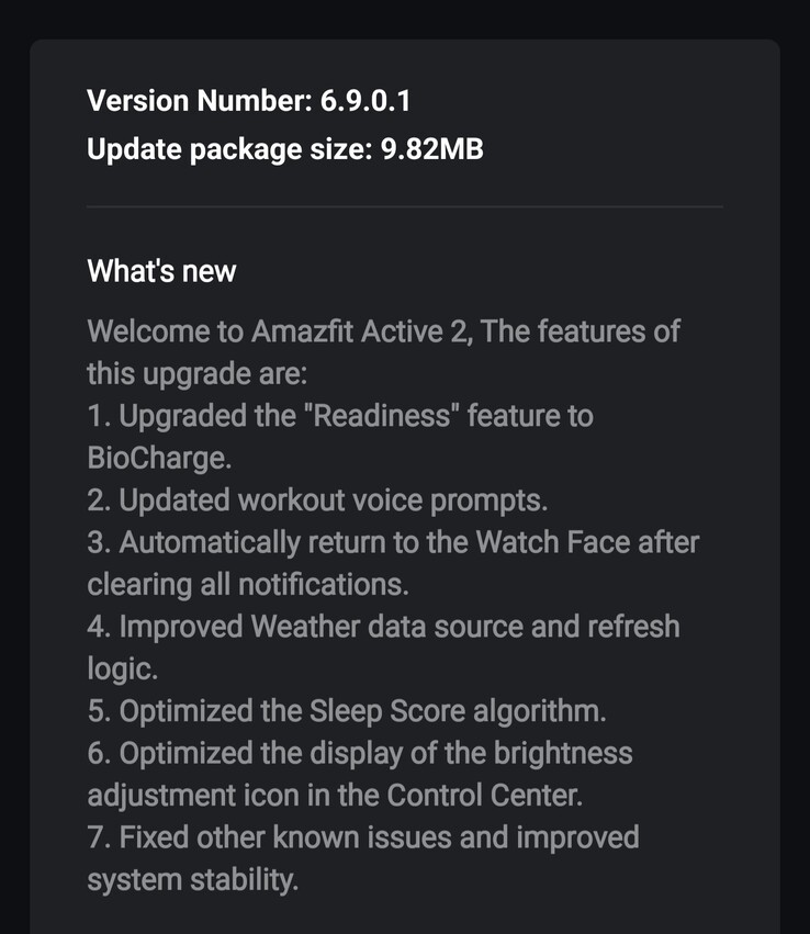 Informacje o wersji oprogramowania 6.9.0.1 dla smartwatchów Amazfit Active 2. (Źródło obrazu: forum 4PDA)