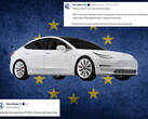 Tesla z flagą UE i komentarzami z X w tle