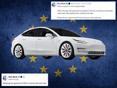 Tesla z flagą UE i komentarzami z X w tle