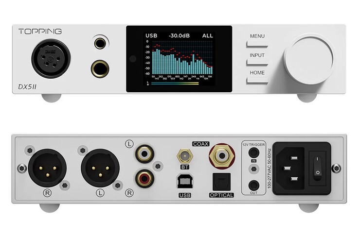 Topping DX5 II DAC posiada gniazda słuchawkowe 3,5 mm, 4,4 mm, 6,4 mm i XLR, złącza głośnikowe RCA oraz porty wejściowe SPDIF i USB. (Źródło zdjęcia: Topping)