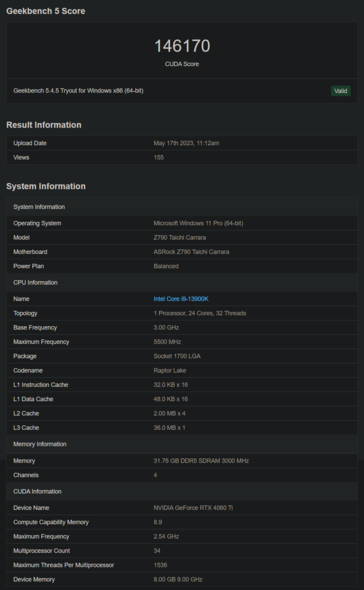 Nvidia GeForce RTX 4060 Ti Geekbench (zdjęcie za pośrednictwem Geekbench)