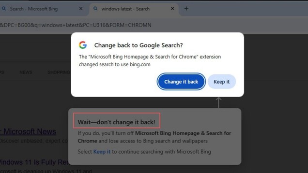 Przeglądarka Chrome sugeruje powrót do wyszukiwarki Google, podczas gdy rozszerzenie firmy Microsoft zachęca użytkowników do korzystania z Bing.