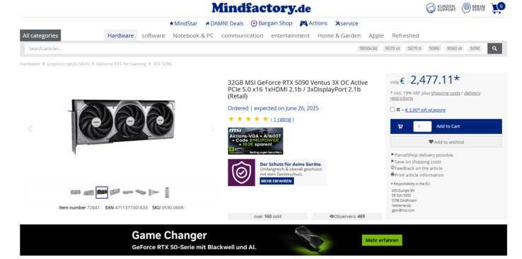 Aktualna cena MSI RTX 5090 Ventus 3X OC (źródło obrazu: Mindfactory)