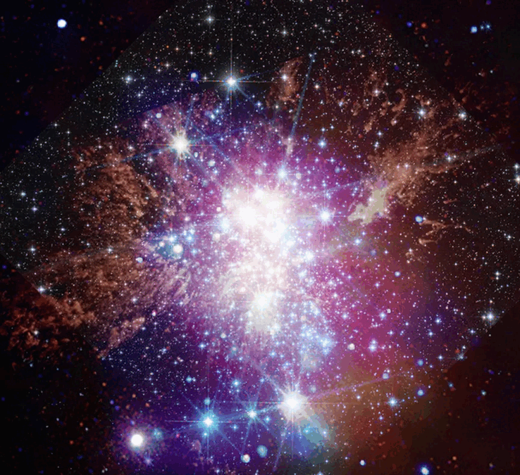 Obraz Westerlund 1 uchwycony przez JWST, Hubble'a i Chandrę (źródło obrazu: kilka - patrz źródła)