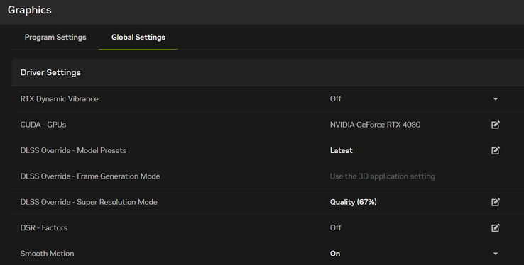 Możliwa konfiguracja globalnych ustawień DLSS i Smooth Motion (osobista aplikacja Nvidia redaktora)