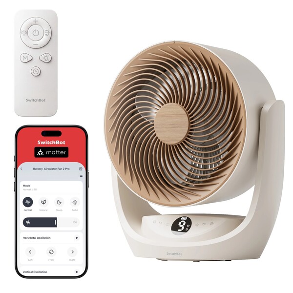 Wentylator SwitchBot Battery Circulator Fan 2 Pro jest wyposażony w pilota, elementy sterujące na urządzeniu oraz obsługuje protokół Matter.
