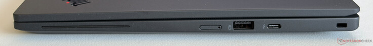 Po prawej stronie: gniazdo na kartę Nano-SIM, USB-A 3.2 Gen.2 (5 Gb/s, z zasilaniem), USB-C 4.0 z obsługą Thunderbolt 4 (40 Gb/s, DisplayPort 2.1, Power Delivery), gniazdo zabezpieczające Kensington Nano