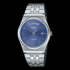 Zegarek Casio MTP-B146D-2AV ze stali nierdzewnej, wyposażony w jasnoniebieską tarczę z efektem promieni słonecznych, srebrną bransoletę, wskaźnik dnia tygodnia na godzinie 12 oraz okienko datownika na godzinie 3.