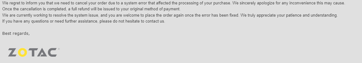 Wiadomość e-mail wysłana do klientów przez ZOTAC. (Źródło obrazu: Reddit) 