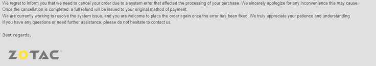 Wiadomość e-mail wysłana do klientów przez ZOTAC. (Źródło obrazu: Reddit) 