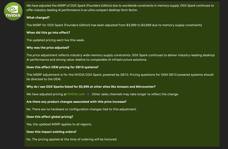 Nvidia aktualizuje ceny swoich mini stacji roboczych DGX Spark.