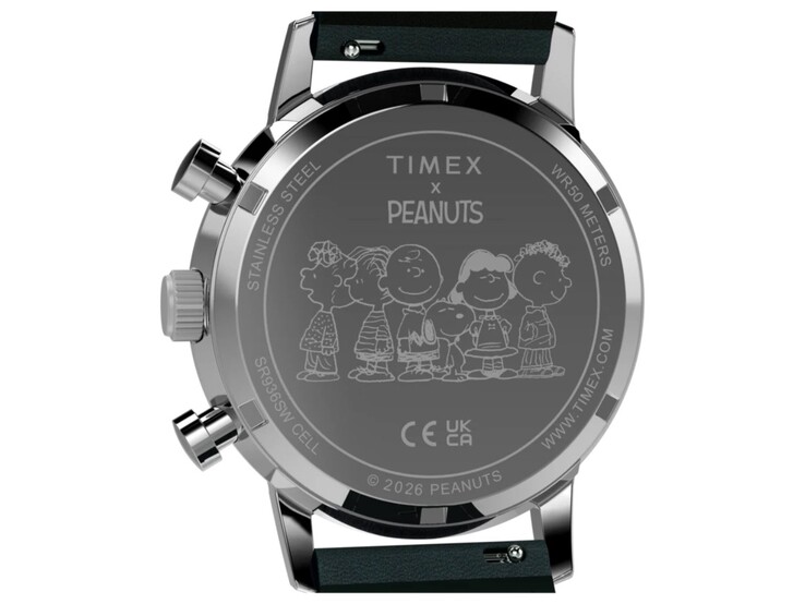 Widok z tyłu chronografu Timex Peanuts x Marlin, przedstawiający wygrawerowany dekiel z motywem Peanuts