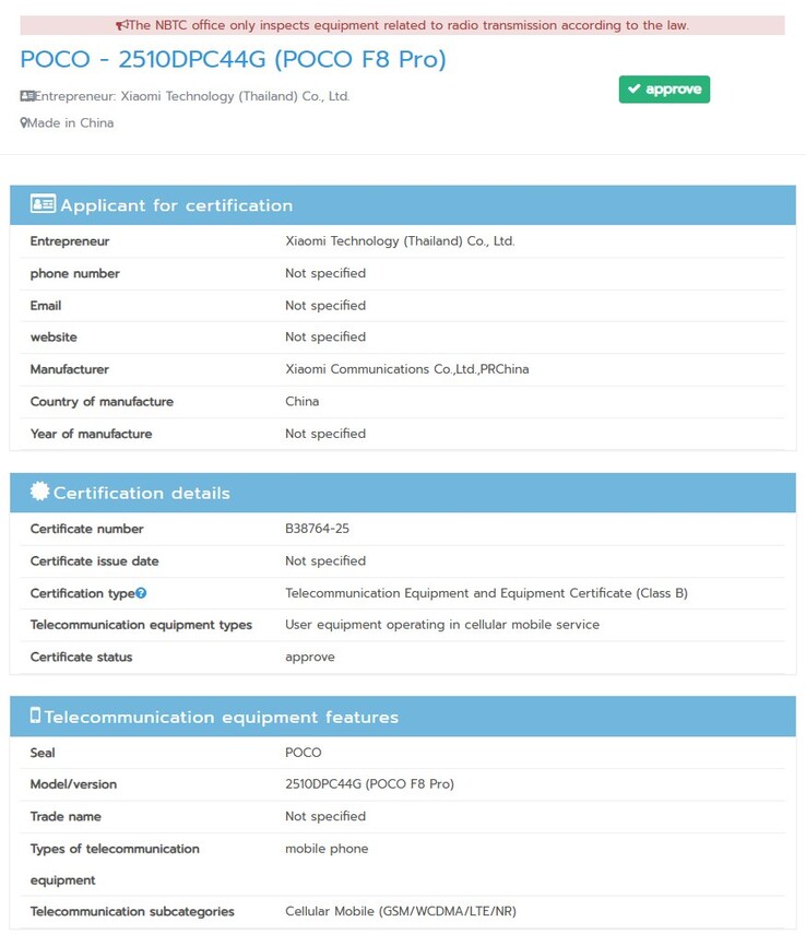 Poco F8 Pro otrzymuje certyfikat NBTC w Tajlandii. (Źródło zdjęcia: NBTC)