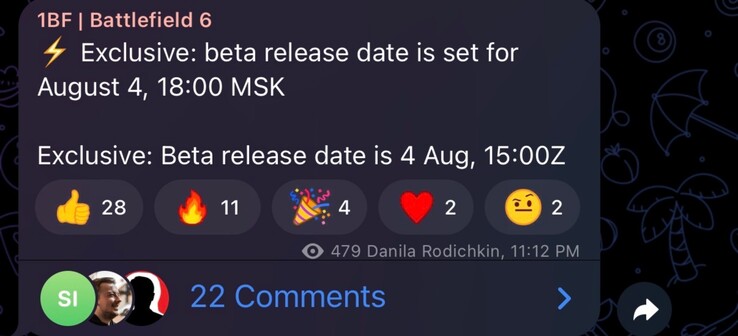 Wyciek czasu rozpoczęcia otwartej bety Battlefield 6 (źródło obrazu: subreddit GamingLeaksandRumours, kanał 1BF Telegram)