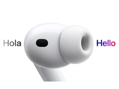 Artystyczne przedstawienie słuchawek AirPods Pro 3 tłumaczących język hiszpański na angielski. (Źródło obrazu: Apple)