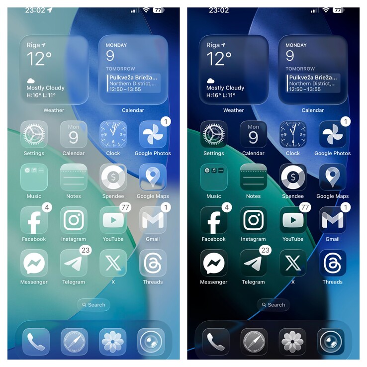 tryb Clear Light vs Clear Dark w systemie iOS 26. (Źródło obrazu: Ben Geskin na X)